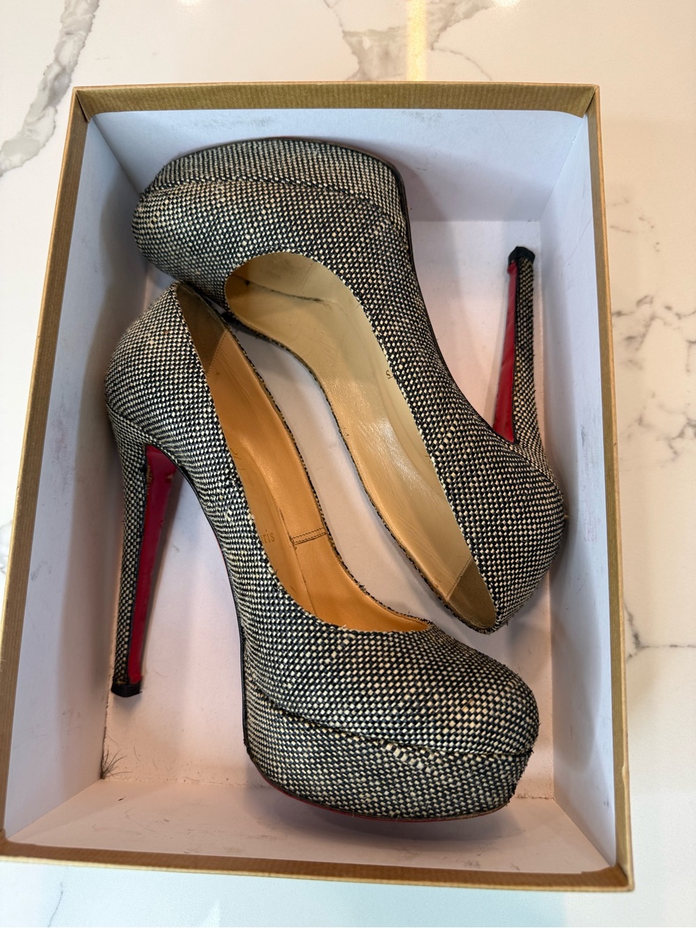 Authentic Christian Louboutin Black & White High Heel Platform Pumps w/ Red Sole